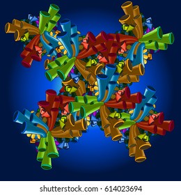 Abstract image on a blue background consisting of a group of colored pipes. The image also forms four branches. 