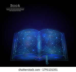 Abstract image open book in the form of a starry sky or space, consisting of points, lines, and shapes in the form of planets, stars and the universe. 3D Low poly vector. Education, detective, stories