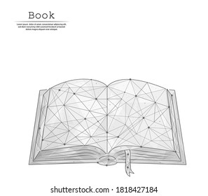 Resumen del libro abierto de imágenes en forma de líneas y puntos, compuesto por triángulos y formas geométricas. 3D Fondo vectorial de baja polilla. Educación, detective, historias