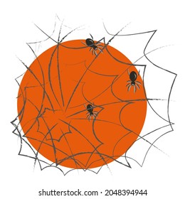  Imagen abstracta naranja Luna, arañas negras, telarañas en estilo minimalista. Fondo blanco.  Para el diseño de invitaciones, postales, banners para Halloween.  Ilustración vectorial de material.