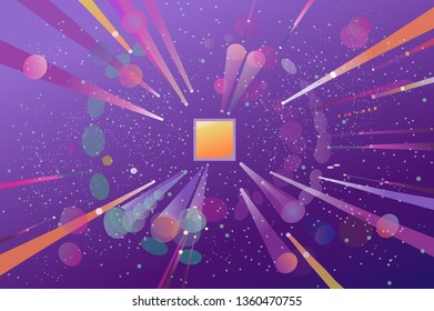 An abstract image of outer space in purple tones with planets and a central space control screen