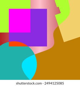 Abstract image with overlapping shapes in various colors. Red, orange, yellow, green, blue, and purple are prominent. Geometric and dynamic composition.