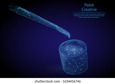 Abstract image paint brushes and jars in the form of a starry sky or space, consisting of points, lines, and shapes in the form of planets, stars and the universe. 3D Low poly vector. Creativity