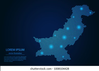 Abstract image Pakistan map from point blue and glowing stars on a dark background. vector illustration.