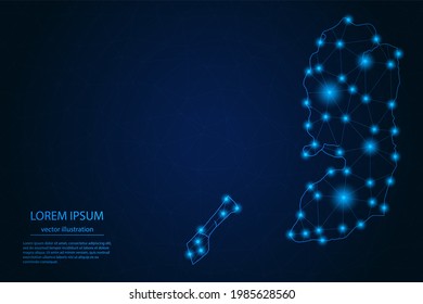 Mapa de Palestina de imagen abstracta - Con puntos y líneas de resplandor azules sobre fondo de gradiente oscuro, conexión de red de polígono de malla 3D, Ilustración vectorial Eps 10.