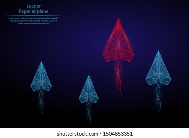 Abstract image Paper airplane in the form of a starry sky or space, consisting of points, lines, and shapes. 3D Low poly vector background. Business concept leader.