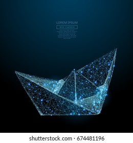 Abstract image of a paper boat in the form of a starry sky or space, consisting of points, lines, and shapes in the form of planets, stars and the universe. Vector business