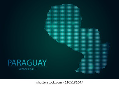 Abstract Image Paraguay Map From Pixel Emerald Green and Glowing Stars on a Dark Background. Vector illustration Eps 10.