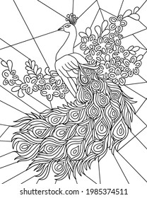 abstract image of a peacock, peacock black and white stained glass