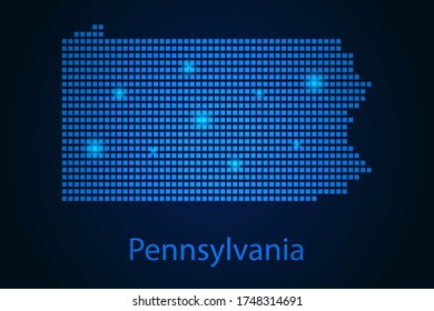 Abstract image Pennsylvania map from pixels blue and glowing stars on a dark background. Vector illustration eps 10.