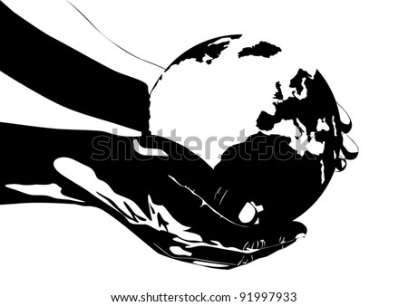 An abstract image. Person's hand holding the earth. Black and white illustration.