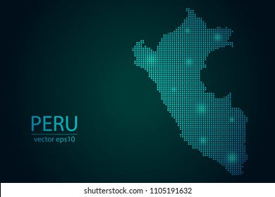 Abstract Image Peru Map From Pixel Emerald Green and Glowing Stars on a Dark Background. Vector illustration Eps 10.