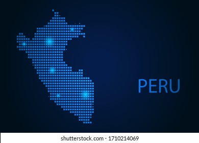 Imagen resumida del mapa de Perú de píxeles azules y brillantes estrellas en un fondo oscuro. Ilustración vectorial, pasos 10.