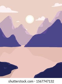 Abstract image of a pink sunset sun over the mountains at the background and river or lake at the foreground. Mountain landscape. vector illustration pastel palette