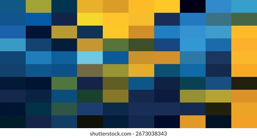 An abstract image with a pixelated design of blues, yellows, and greens.