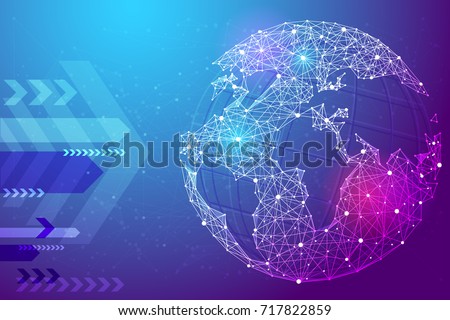 Abstract image planet Earth in the form of a starry sky or space, consisting of points, lines, and shapes in the form of planets, stars and the universe. Earth vector wireframe concept. Blue purple
