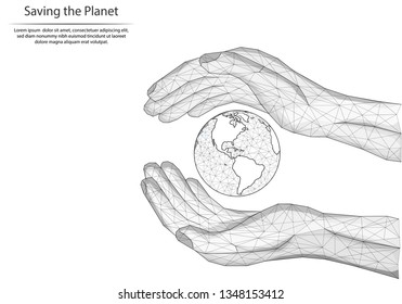 Abstract image planet in the hands in the form of lines and dots, consisting of triangles and geometric shapes. Low poly vector background.