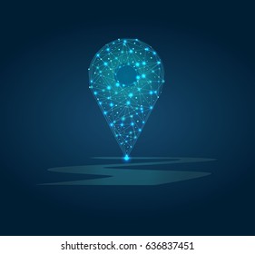 Abstract image of a point pin in the form of a starry sky or space, consisting of points, lines, and shapes in the form of planets, stars and the universe. Business arrow vector wireframe concept
