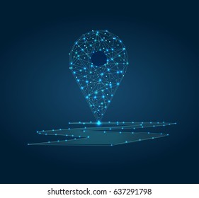 abstract image of a point pin in the form of a starry sky or space, consisting of points, lines, and shapes in the form of planets, stars and the universe. Business arrow vector wireframe concept