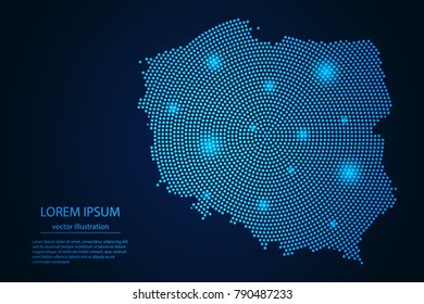 Abstract image Poland map from point blue and glowing stars on a dark background. vector illustration.
