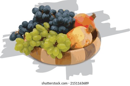 Imagen abstracta de granadas y uvas en bandeja de fruta de color gris.