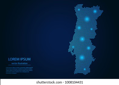 Abstract image Portugal map from point blue and glowing stars on a dark background. vector illustration.