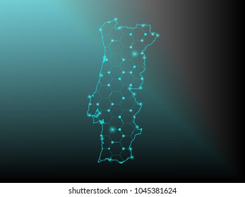 Abstract image Portugal map from point blue and glowing stars on a dark background. vector illustration.