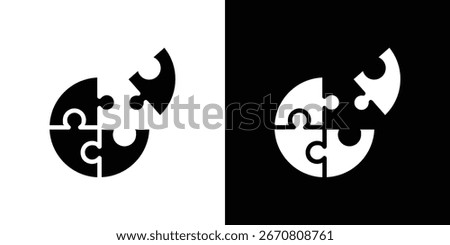 Abstract image of puzzle pieces forming a circle, presented on both black and white backgrounds. Illustrates connection, teamwork, or problem-solving.