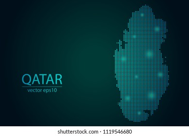 Abstract Image Qatar Map Pixel look Emerald Green and Glowing Stars on a Dark Background. Vector illustration Eps 10.