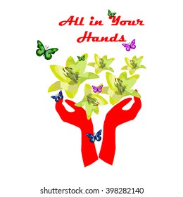 Abstract image with red hands, yellow flowers and colorful butterflies