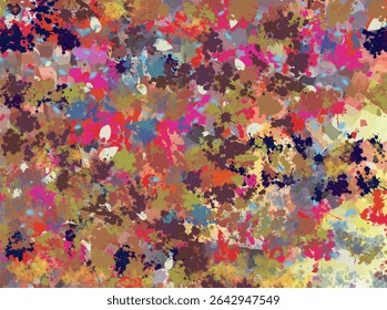 abstract image resembling paint splatters and brushstrokes in a chaotic mix of colors including pink, red, blue, green, brown, and yellow.