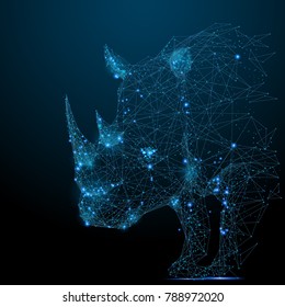 Abstract image of rhinoceros in the form of a starry sky or space, consisting of points, lines, and shapes in the form of planets, stars and the universe. Vector rhino. RGB Color mode