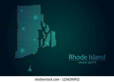 Abstract Image Rhode Island Map From Pixel Emerald Green and Glowing Stars on a Dark Background. Vector illustration Eps 10.