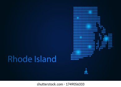 Abstract image Rhode Island map from pixels blue and glowing stars on a dark background. Vector illustration eps 10.