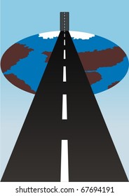 Abstract image of the road receding into the distance and the wheel, rolling on the highway against the backdrop of the globe.