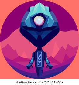Abstract Image of A Robot or Cyborg in Polygonal Forms Against The Background Of Mountains Of An Unknown Planet