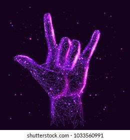 Abstract image of a Rock on hand sign in the form of a starry sky or space, consisting of points, lines, and shapes in the form of planets, stars and the universe. Vector hand gesture wireframe