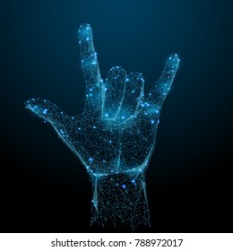 Abstract image of Rock on hand sign in the form of a starry sky or space, consisting of points, lines, and shapes in the form of planets, stars and the universe. Vector hand gesture. RGB Color mode