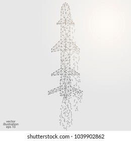 Abstract image of a rocket consisting of lines, dots, triangles, star network. Vector illustration EPS 10.
