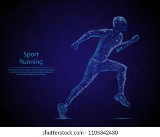 Abstract image of a running man in the form of a starry sky or space, consisting of points, lines, and shapes in the form of planets, stars and the universe. Low poly vector background.