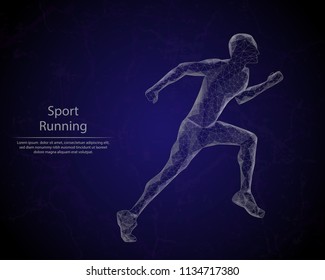 Abstract image Running man in the form of lines and dots, consisting of triangles and geometric shapes. Low poly vector background.