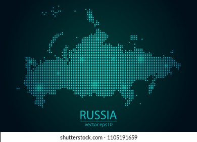Abstract Image Russia Map From Pixel Emerald Green and Glowing Stars on a Dark Background. Vector illustration Eps 10.