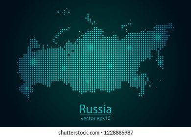 Abstract Image Russia Map From Pixel Emerald Green and Glowing Stars on a Dark Background. Vector illustration Eps 10.