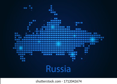 Abstract image Russia map from pixels blue and glowing stars on a dark background. Vector illustration eps 10.