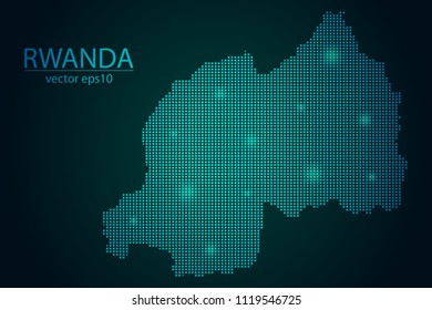 Abstract Image Rwanda Map Pixel look Emerald Green and Glowing Stars on a Dark Background. Vector illustration Eps 10.