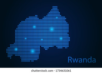 Abstract image Rwanda map from pixels blue and glowing stars on a dark background. Vector illustration eps 10.