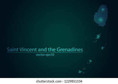 Abstract Image Saint Vincent and the Grenadines Map From Pixel Emerald Green and Glowing Stars on a Dark Background. Vector illustration Eps 10.