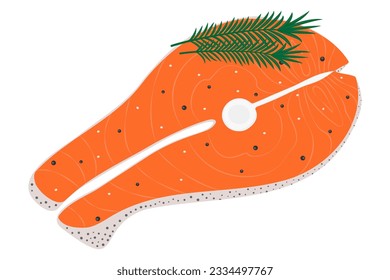 Abstract image of salmon steak with rosemary sprig and spices in trendy shades. Healthy food Day.
