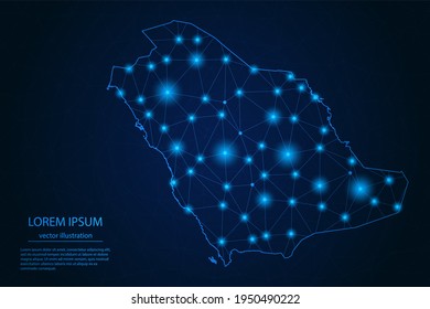 Imagen de resumen Mapa de Arabia Saudita - Con puntos y líneas de resplandor azul en fondo de gradiente oscuro, conexión de red de polígono de malla 3D, Ilustración vectorial Eps 10.
