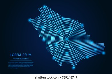 Abstract image Saudi Arabia map from point blue and glowing stars on a dark background. vector illustration.